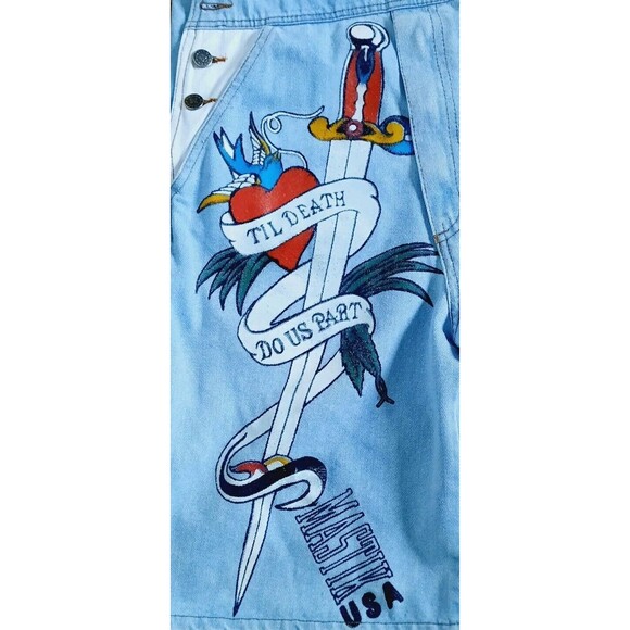 Vintage 90s Mastik Painted Denim Overalls Shorts Shortalls Women Size M USA - Picture 12 of 13